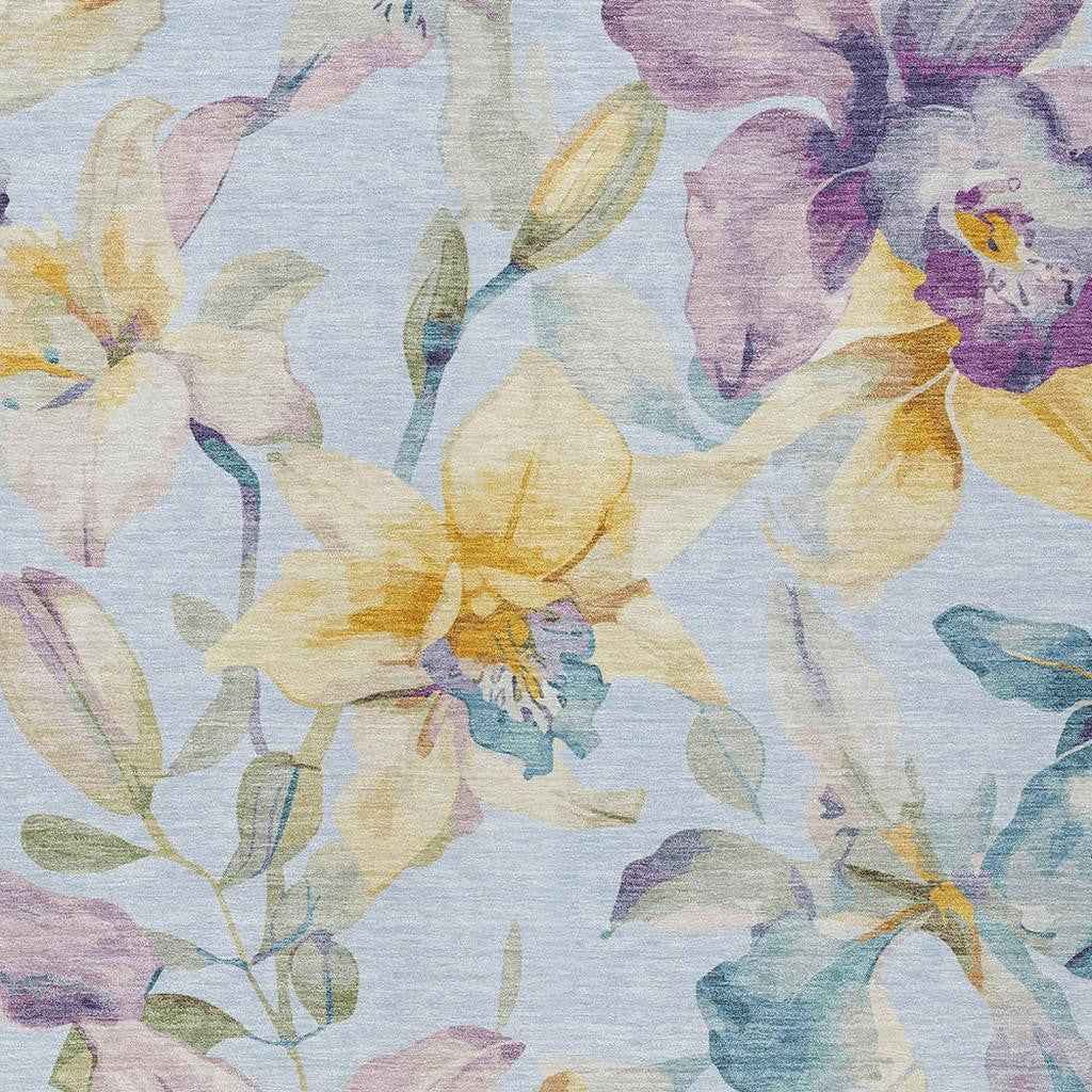 10' X 14' Sky Blue Gold And Lavender Floral Washable Indoor Outdoor Area Rug