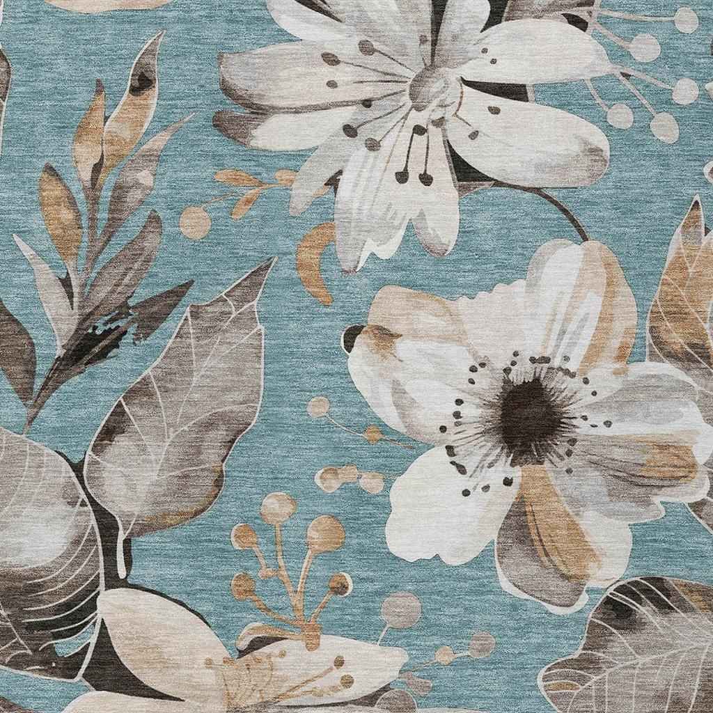9' X 12' Teal Blue Ivory And Charcoal Floral Washable Indoor Outdoor Area Rug