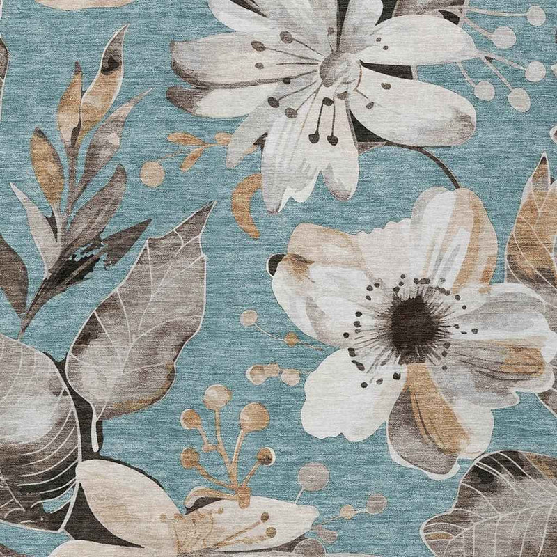 9' X 12' Teal Blue Ivory And Charcoal Floral Washable Indoor Outdoor Area Rug