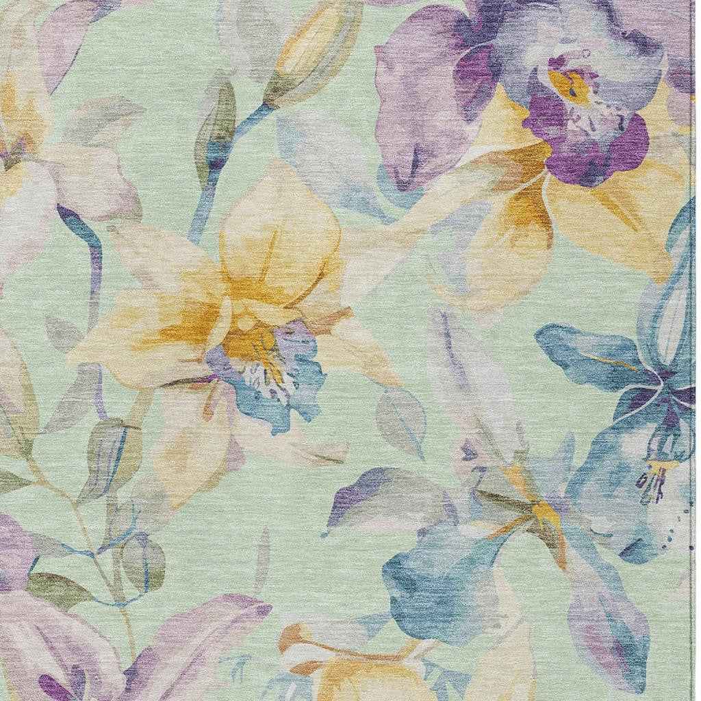 5' X 8' Mint Green Gold And Lavender Floral Washable Indoor Outdoor Area Rug