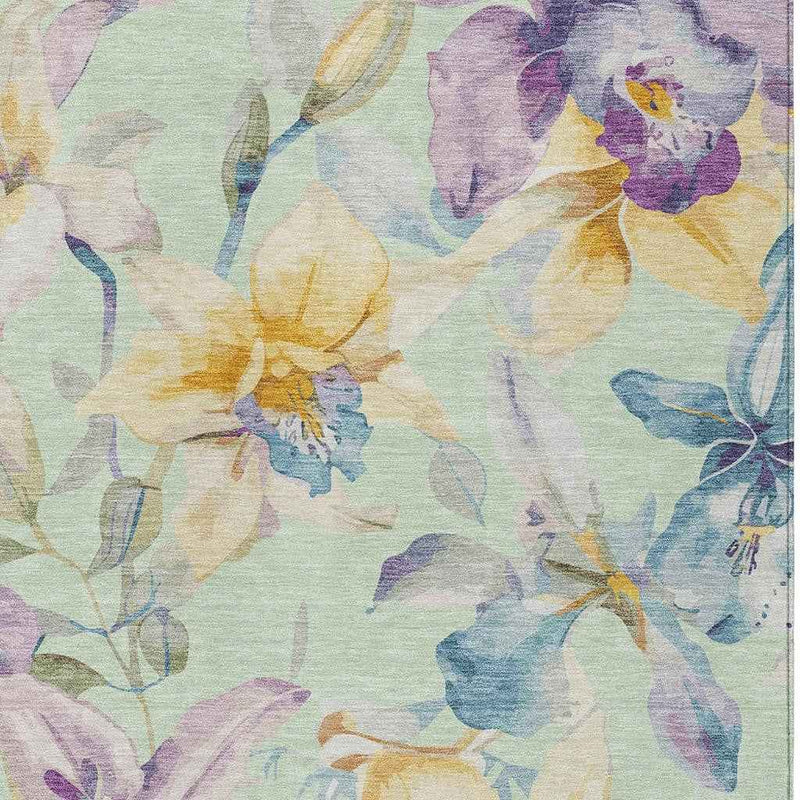 5' X 8' Mint Green Gold And Lavender Floral Washable Indoor Outdoor Area Rug