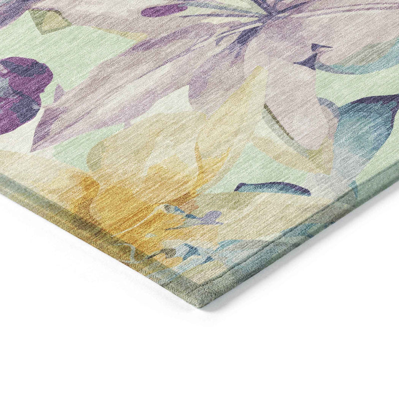 5' X 8' Mint Green Gold And Lavender Floral Washable Indoor Outdoor Area Rug