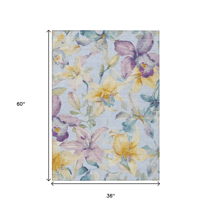 3' X 5' Sky Blue Gold And Lavender Floral Washable Indoor Outdoor Area Rug