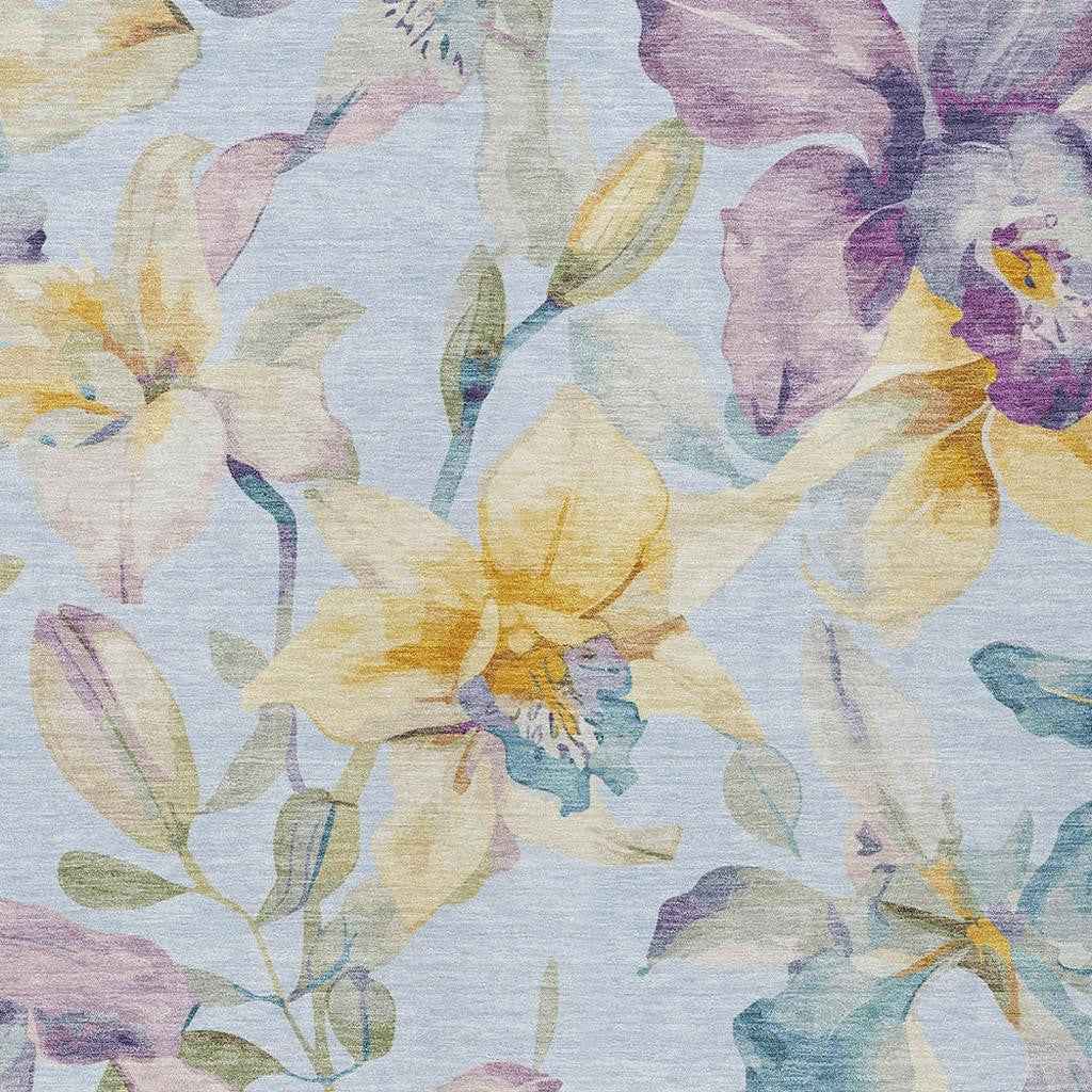 3' X 5' Sky Blue Gold And Lavender Floral Washable Indoor Outdoor Area Rug