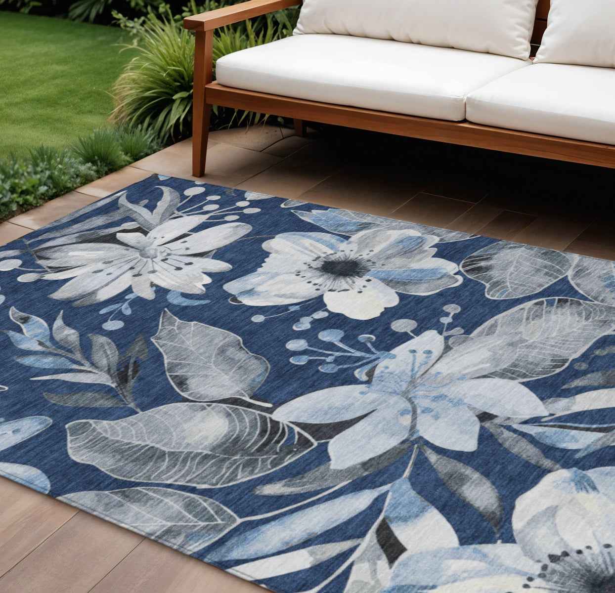 8' X 10' Navy Blue Ivory And Charcoal Floral Washable Indoor Outdoor Area Rug