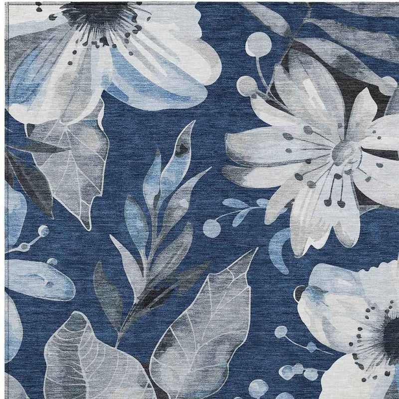 8' X 10' Navy Blue Ivory And Charcoal Floral Washable Indoor Outdoor Area Rug