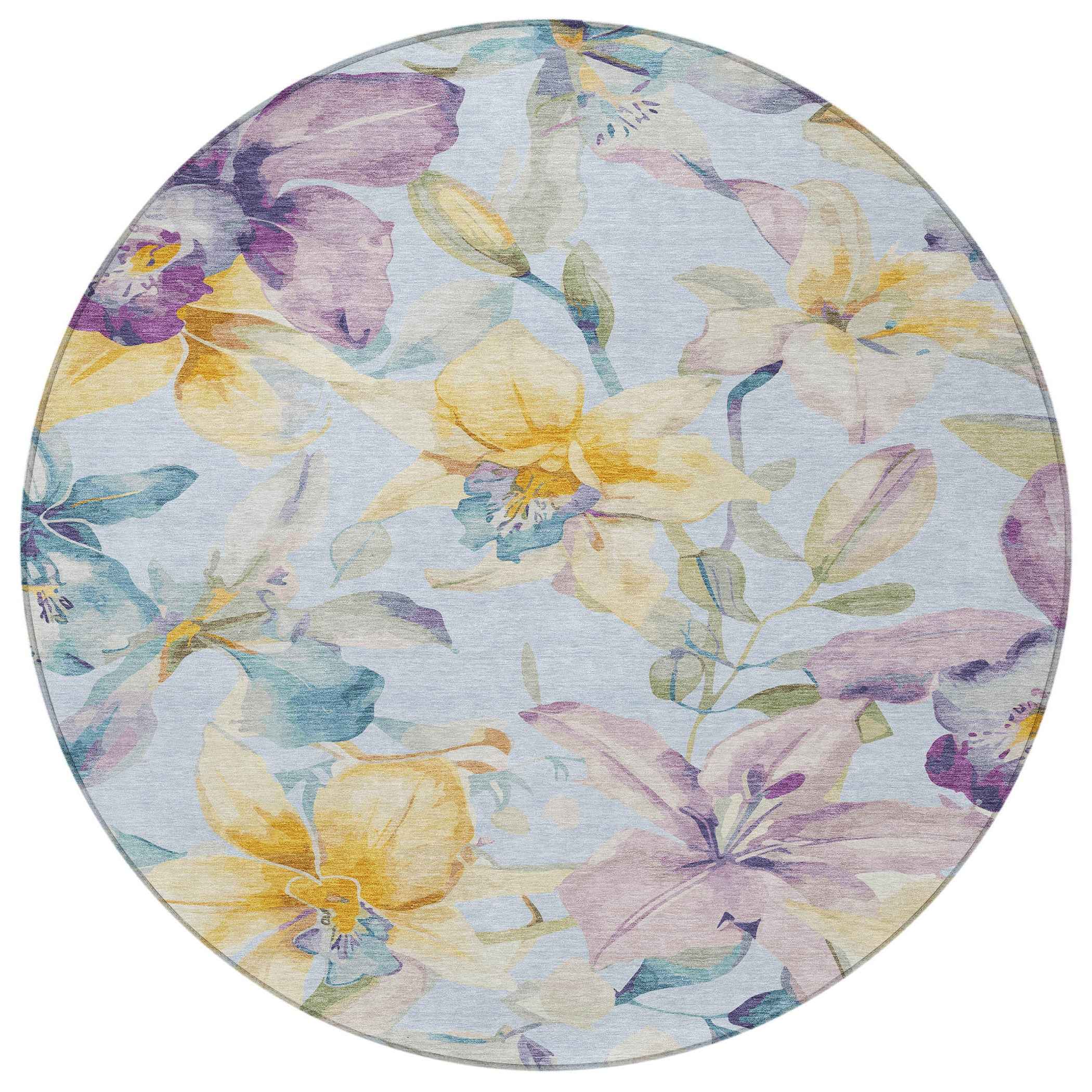8' Sky Blue Gold And Lavender Round Floral Washable Indoor Outdoor Area Rug
