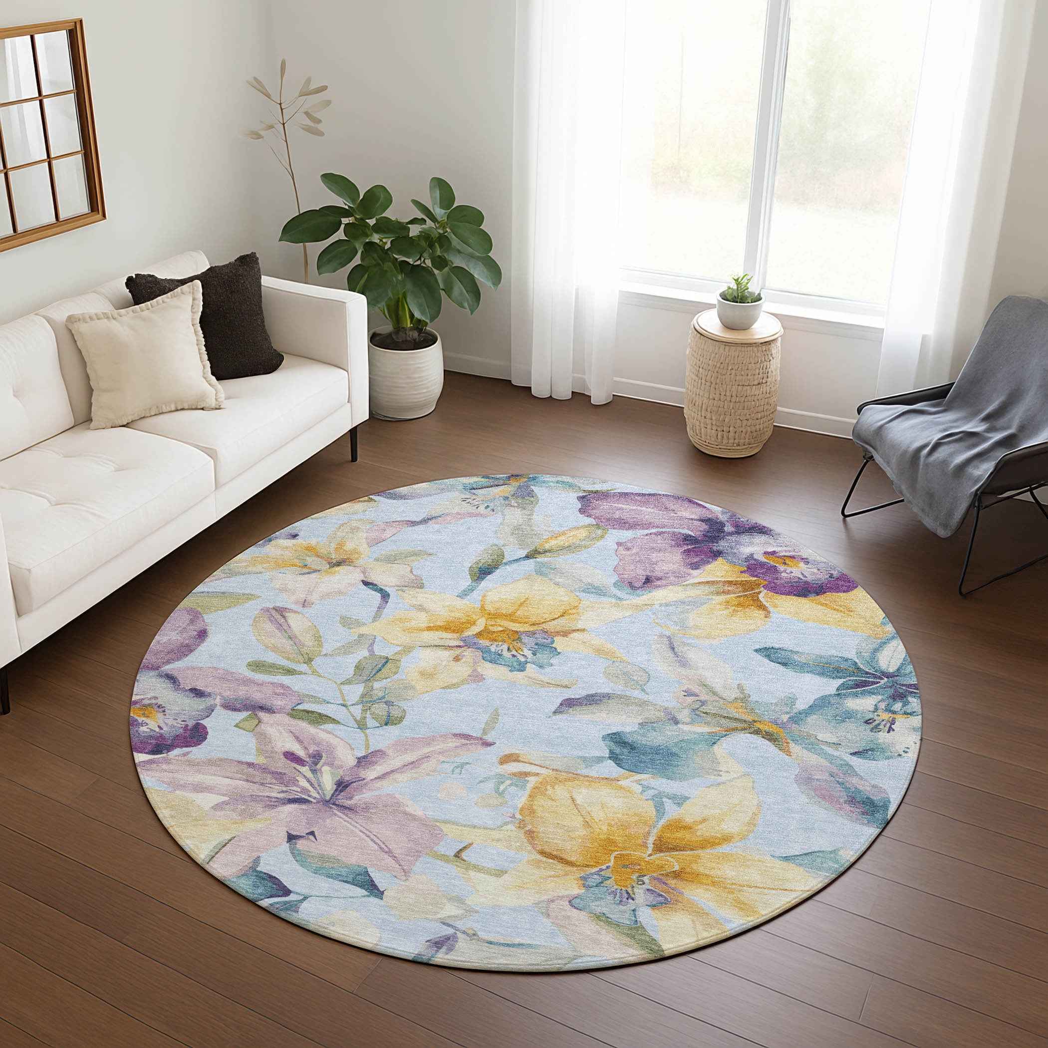 8' Sky Blue Gold And Lavender Round Floral Washable Indoor Outdoor Area Rug