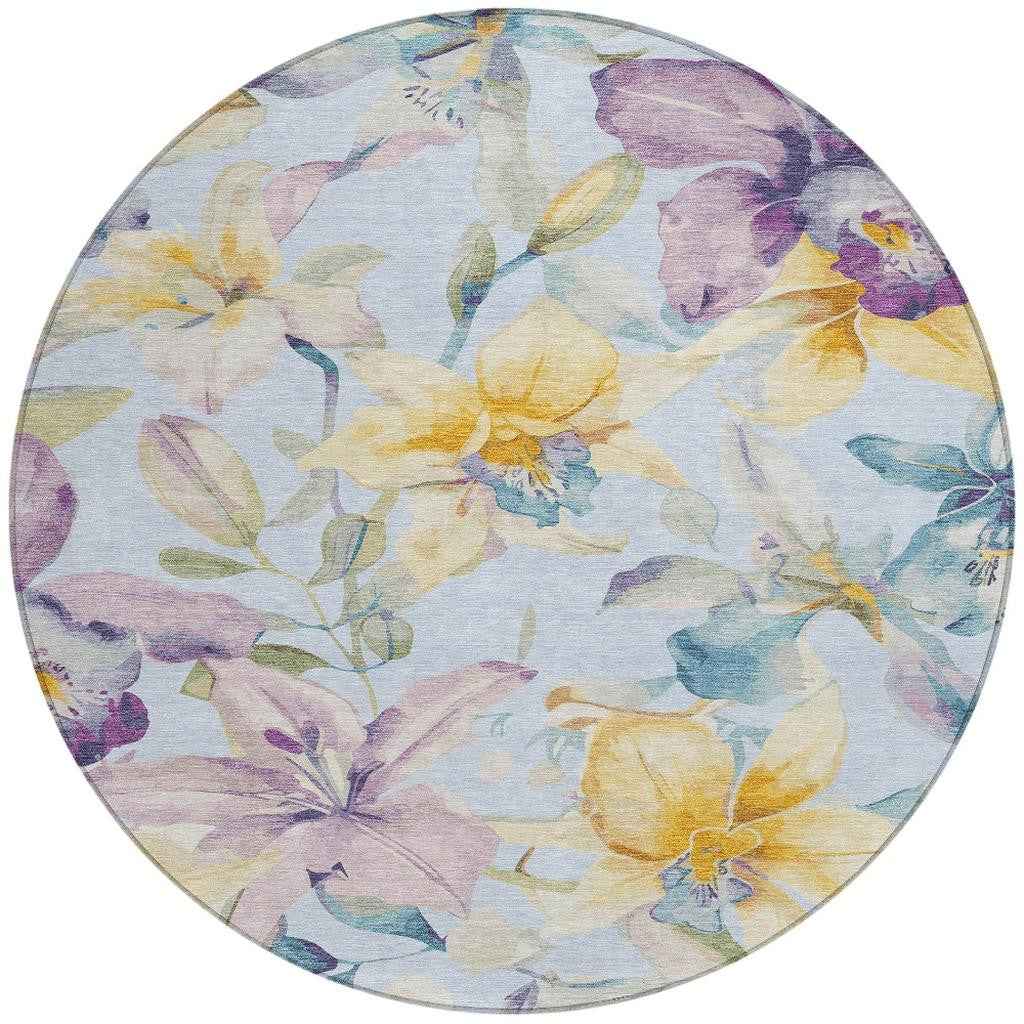 8' Sky Blue Gold And Lavender Round Floral Washable Indoor Outdoor Area Rug