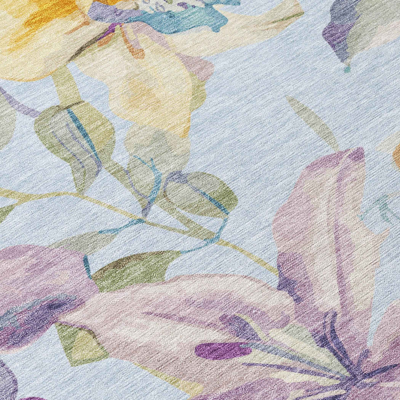 8' Sky Blue Gold And Lavender Round Floral Washable Indoor Outdoor Area Rug