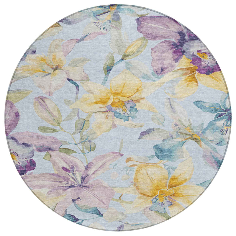8' Sky Blue Gold And Lavender Round Floral Washable Indoor Outdoor Area Rug