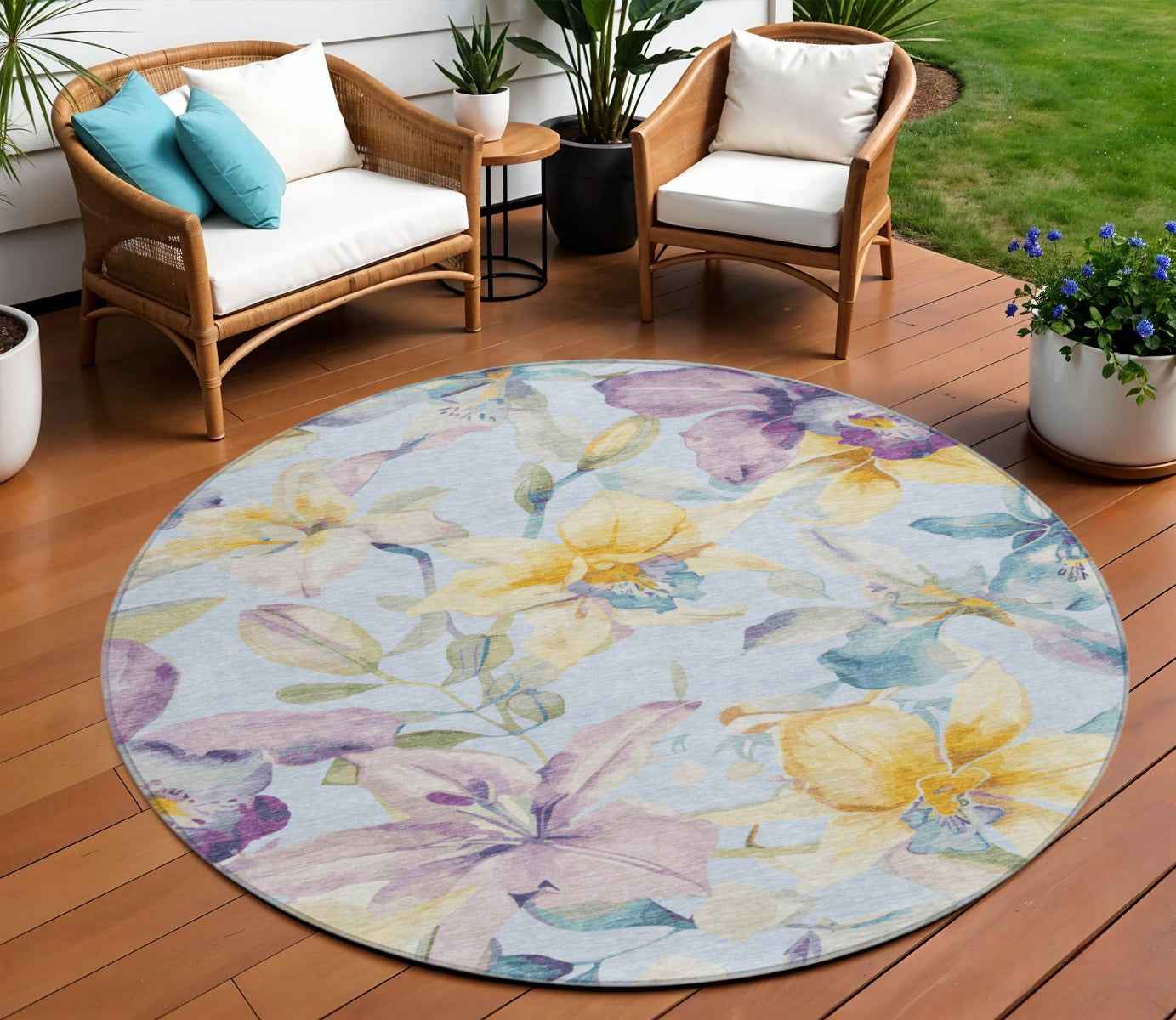8' Sky Blue Gold And Lavender Round Floral Washable Indoor Outdoor Area Rug