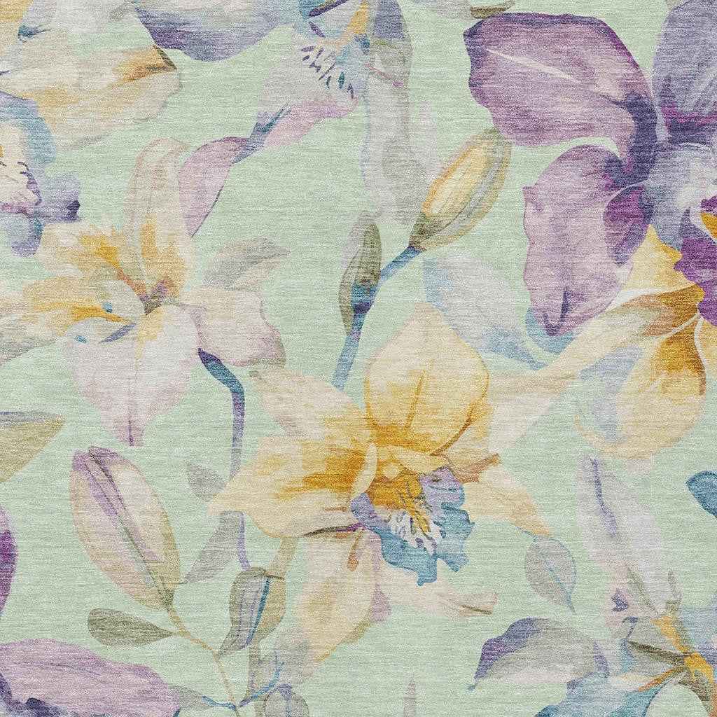 8' X 10' Mint Green Gold And Lavender Floral Washable Indoor Outdoor Area Rug