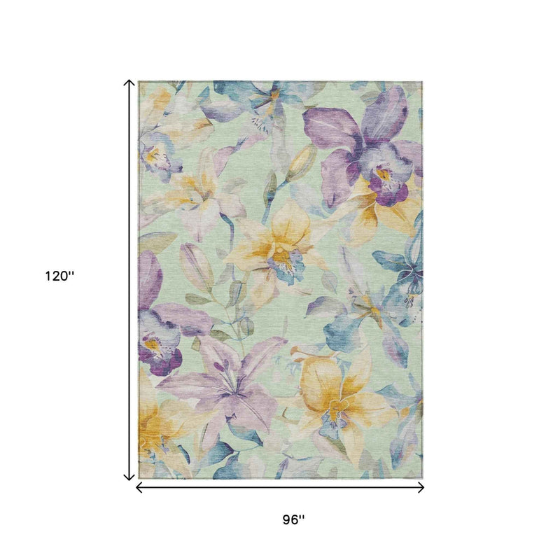 8' X 10' Mint Green Gold And Lavender Floral Washable Indoor Outdoor Area Rug