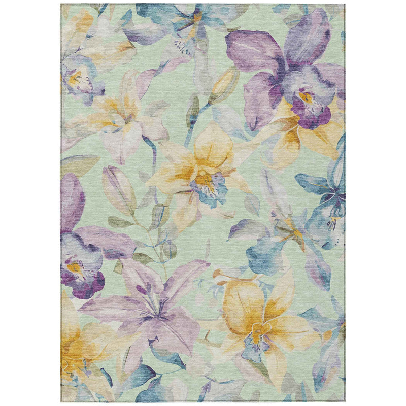 8' X 10' Mint Green Gold And Lavender Floral Washable Indoor Outdoor Area Rug