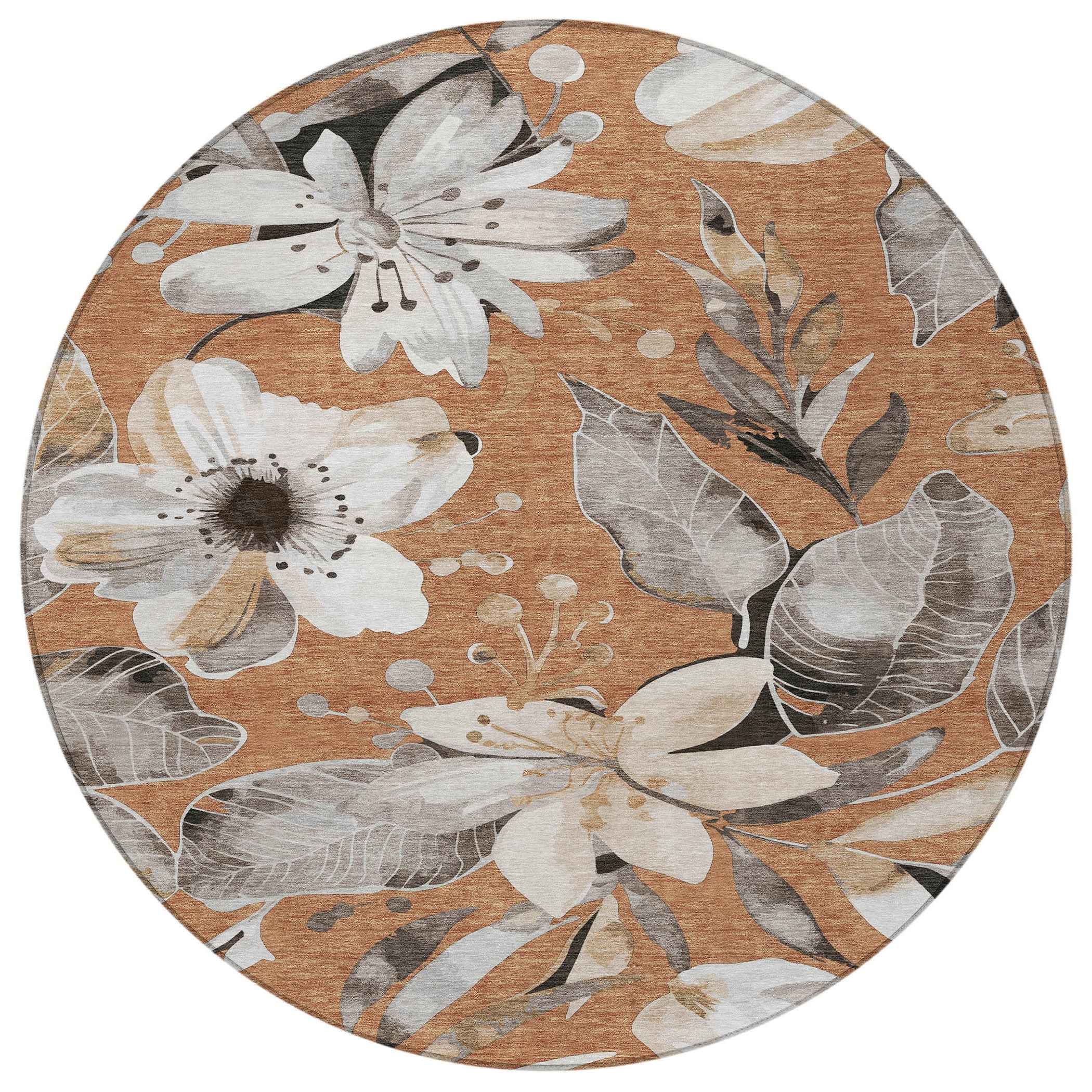 8' Copper Ivory And Charcoal Round Floral Washable Indoor Outdoor Area Rug