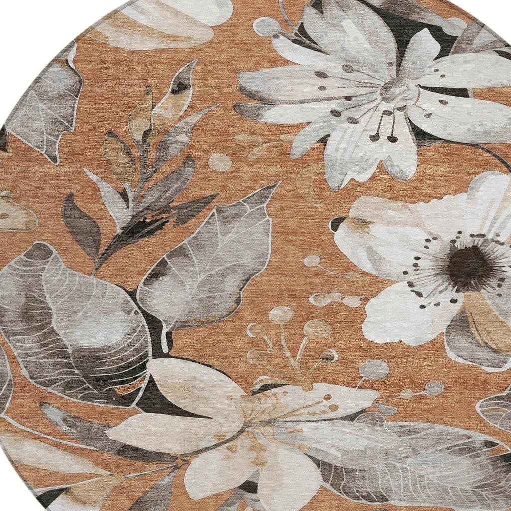 8' Copper Ivory And Charcoal Round Floral Washable Indoor Outdoor Area Rug