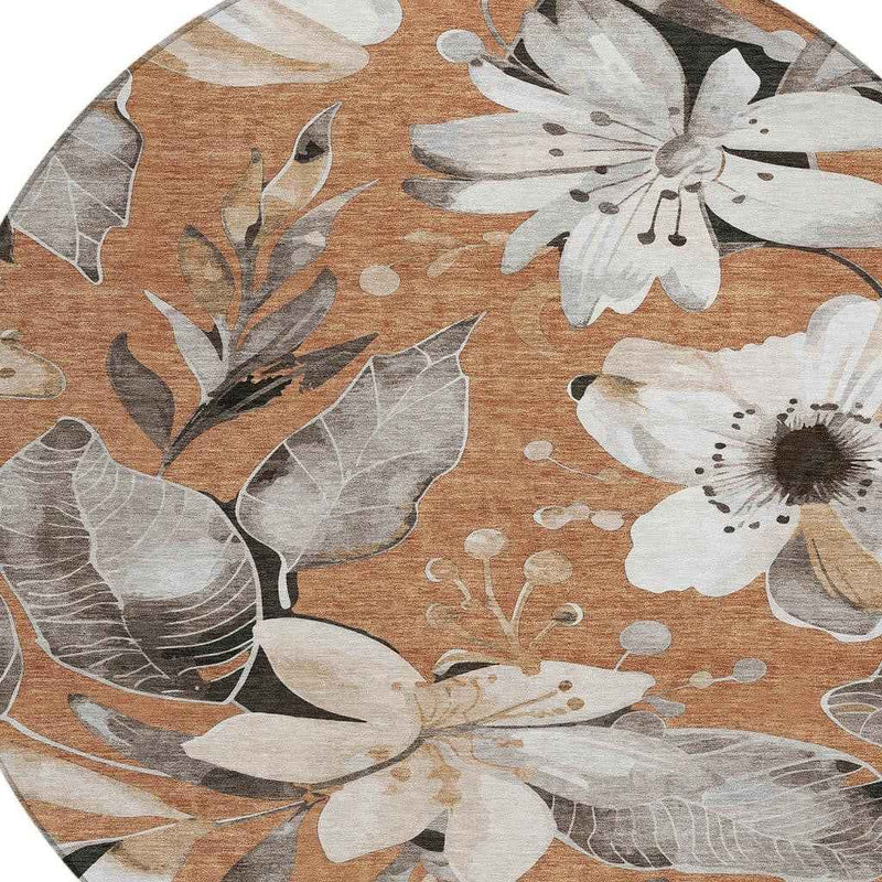 8' Copper Ivory And Charcoal Round Floral Washable Indoor Outdoor Area Rug