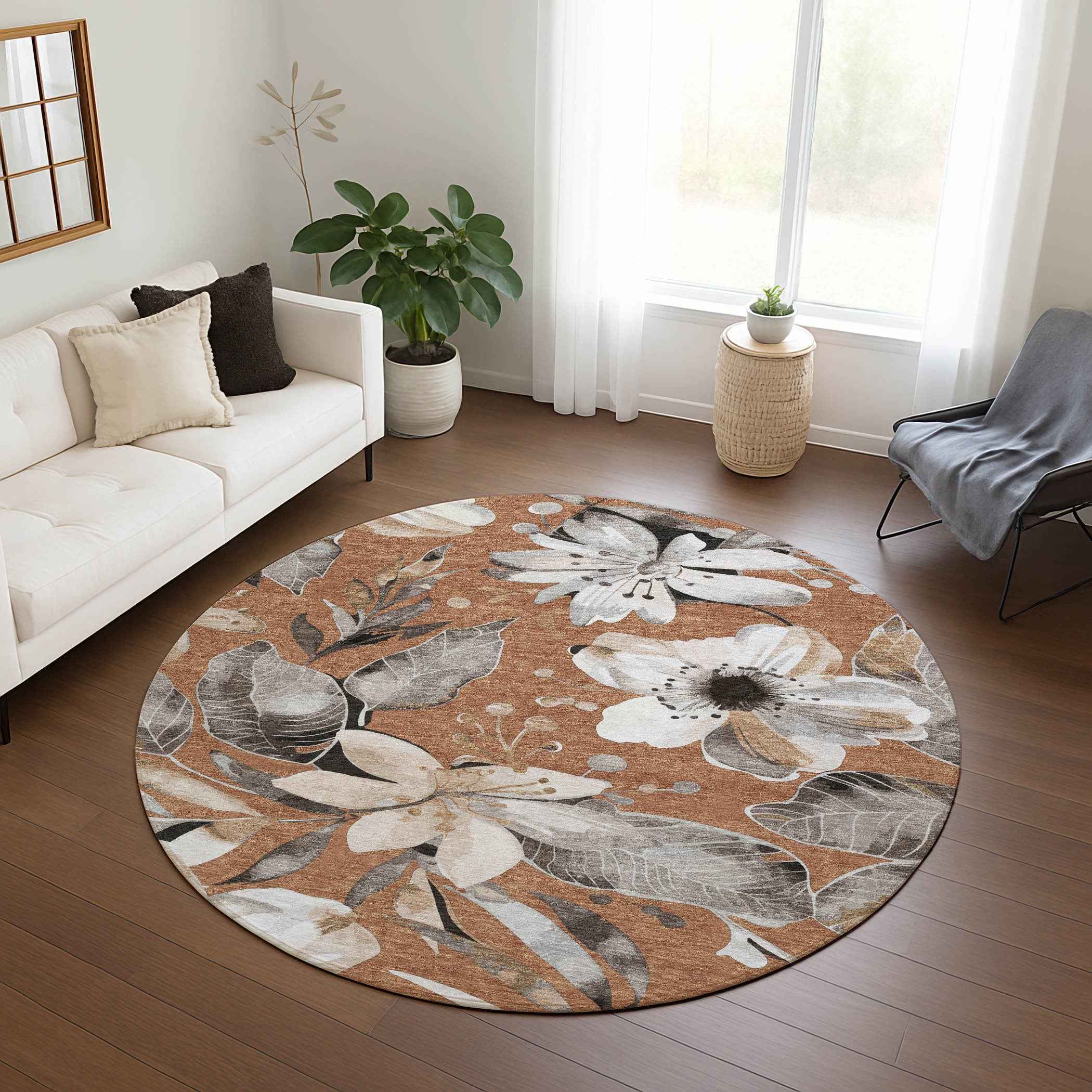 8' Copper Ivory And Charcoal Round Floral Washable Indoor Outdoor Area Rug