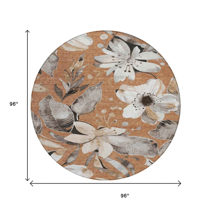 8' Copper Ivory And Charcoal Round Floral Washable Indoor Outdoor Area Rug