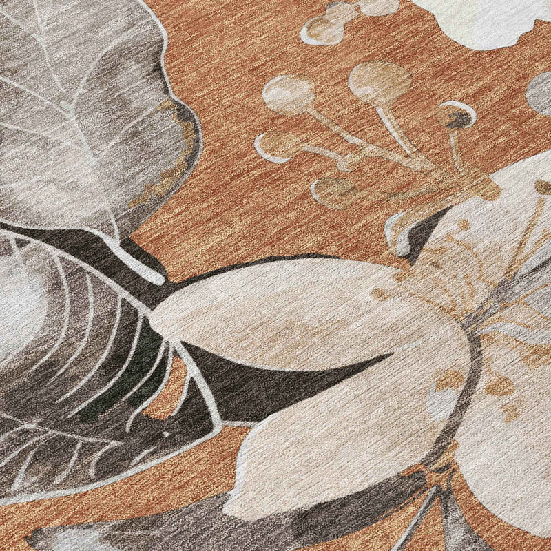 8' Copper Ivory And Charcoal Round Floral Washable Indoor Outdoor Area Rug