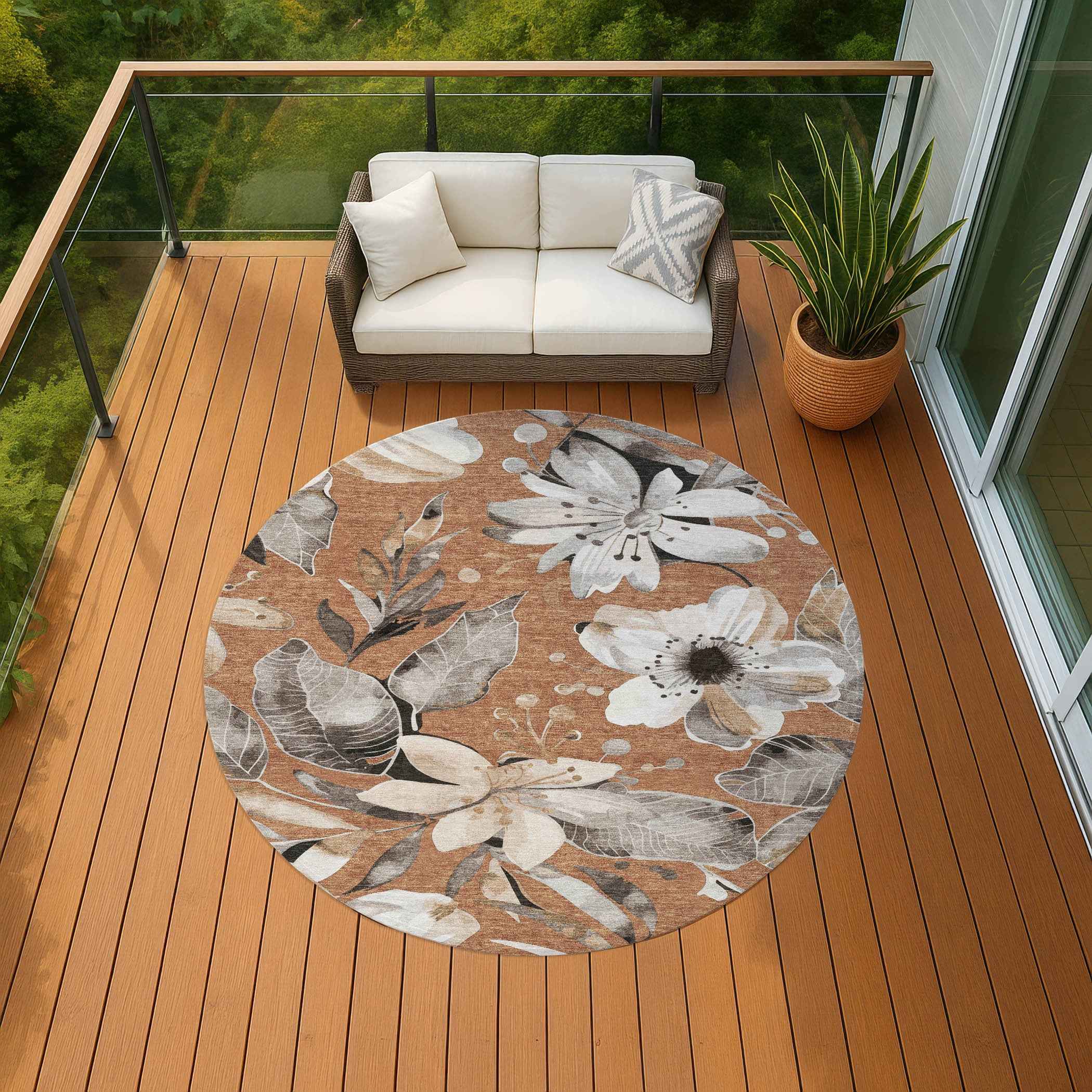 8' Copper Ivory And Charcoal Round Floral Washable Indoor Outdoor Area Rug