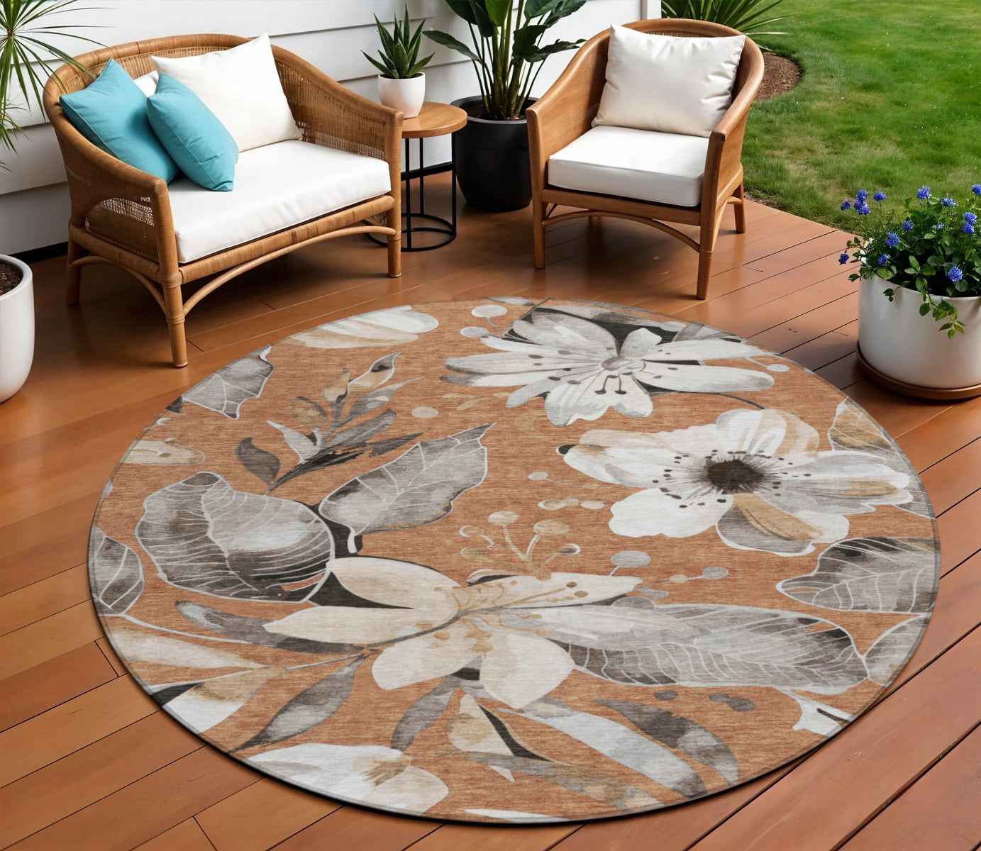 8' Copper Ivory And Charcoal Round Floral Washable Indoor Outdoor Area Rug