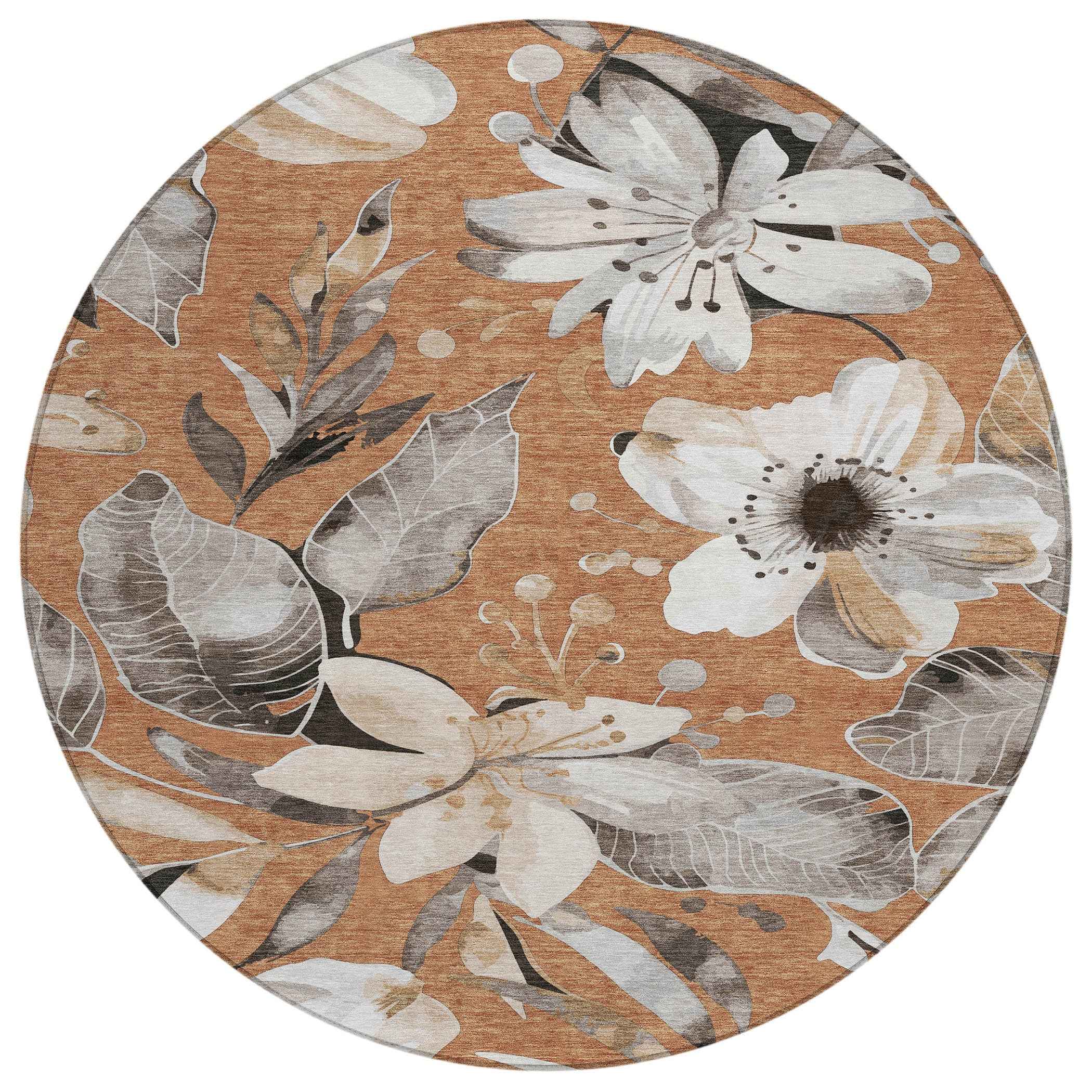 8' Copper Ivory And Charcoal Round Floral Washable Indoor Outdoor Area Rug