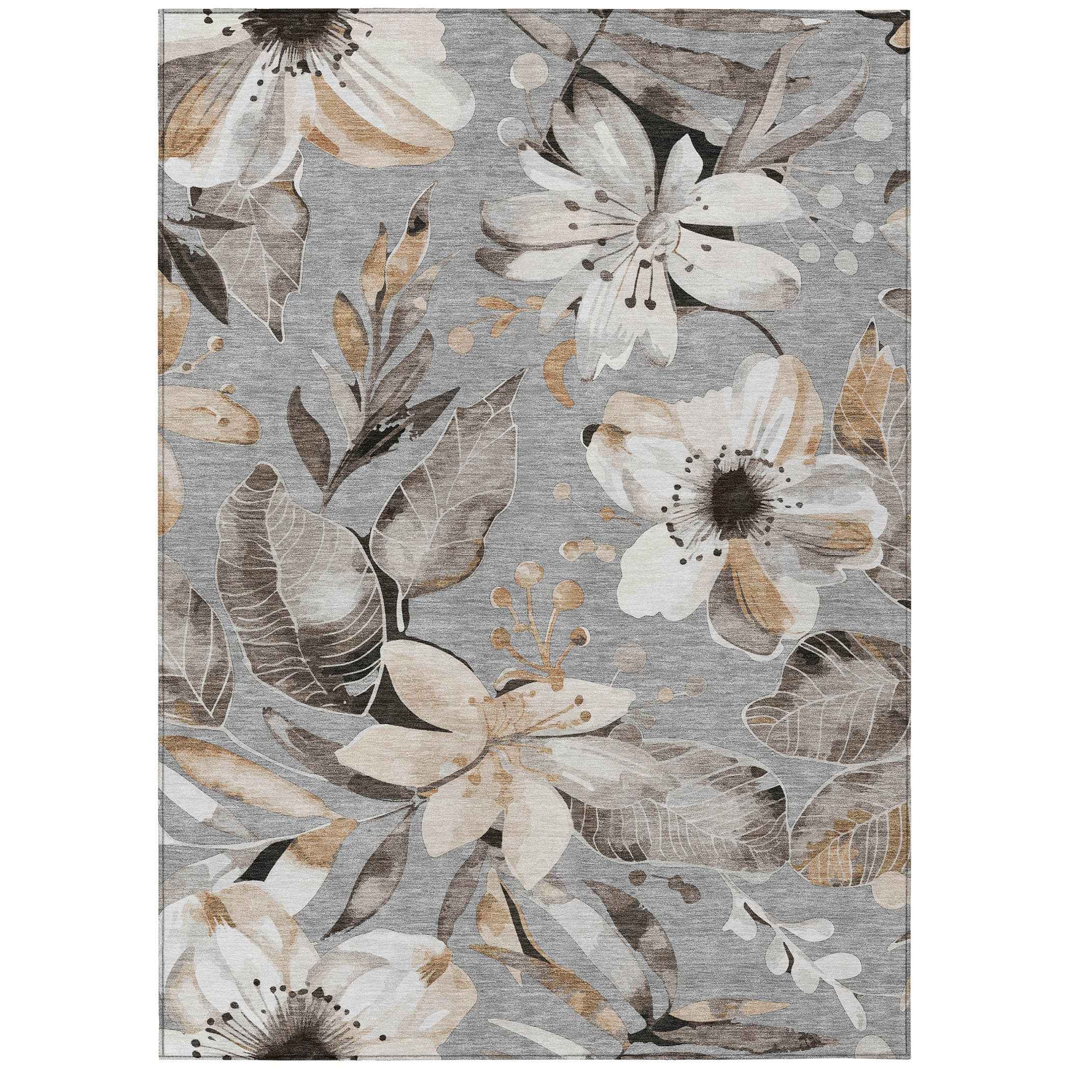 8' X 10' Gray Ivory And Charcoal Floral Washable Indoor Outdoor Area Rug