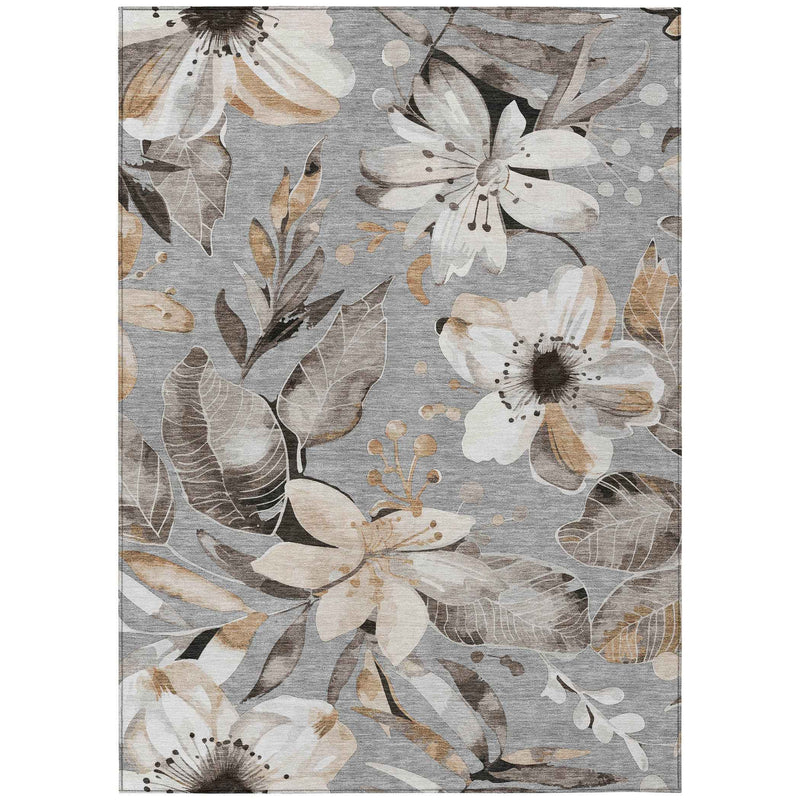 8' X 10' Gray Ivory And Charcoal Floral Washable Indoor Outdoor Area Rug
