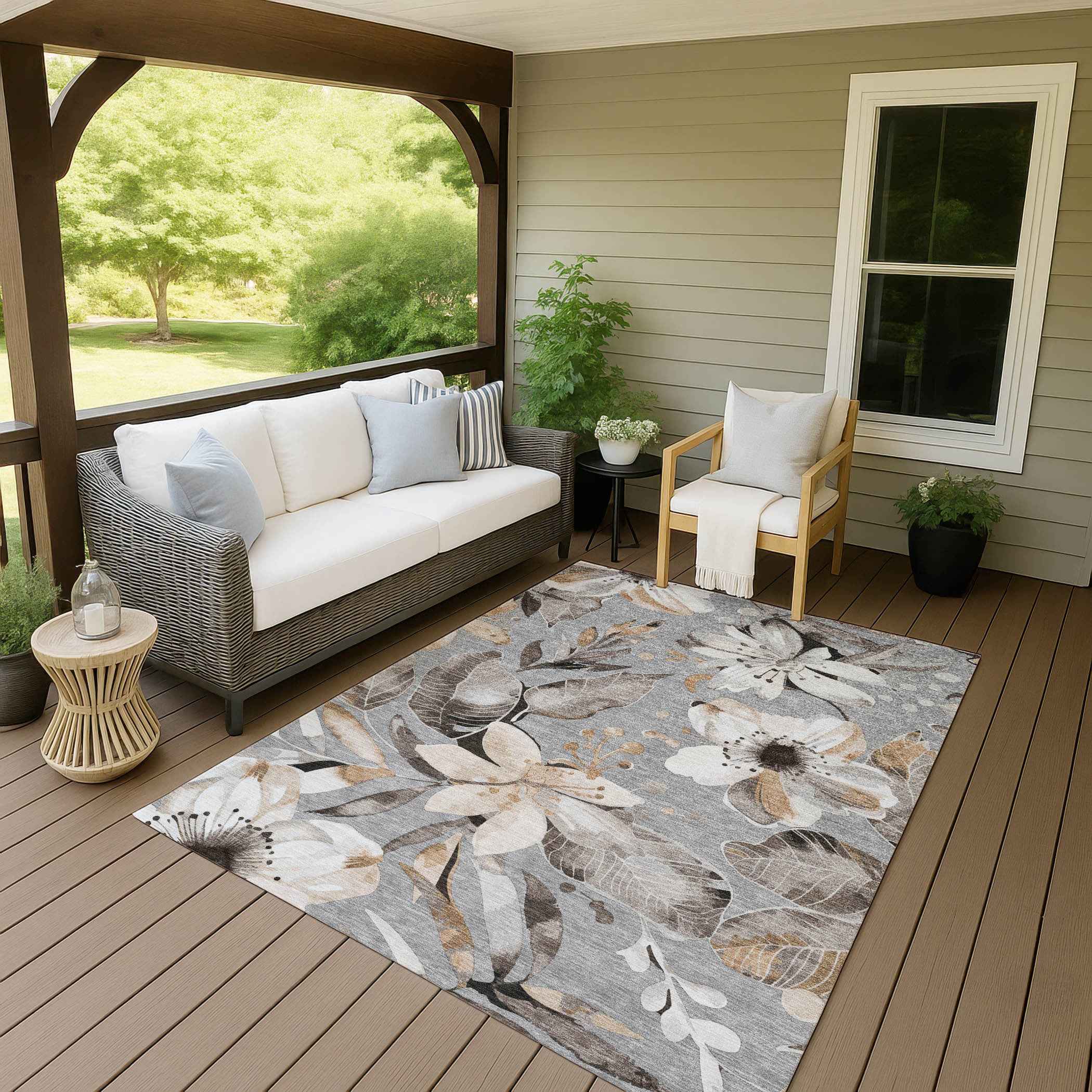 8' X 10' Gray Ivory And Charcoal Floral Washable Indoor Outdoor Area Rug