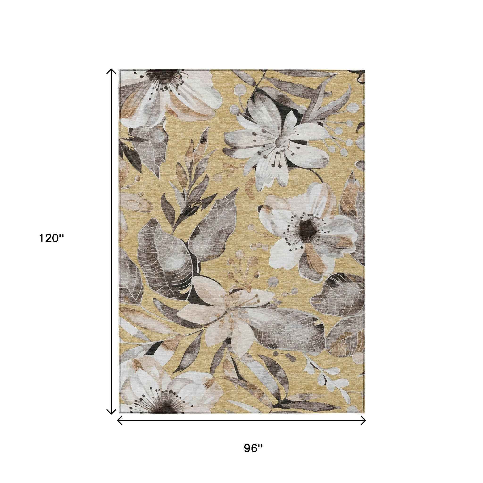 8' X 10' Gold Ivory And Charcoal Floral Washable Indoor Outdoor Area Rug