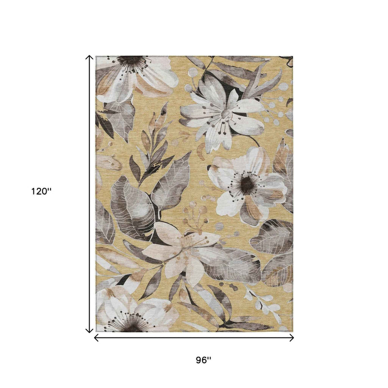 8' X 10' Gold Ivory And Charcoal Floral Washable Indoor Outdoor Area Rug
