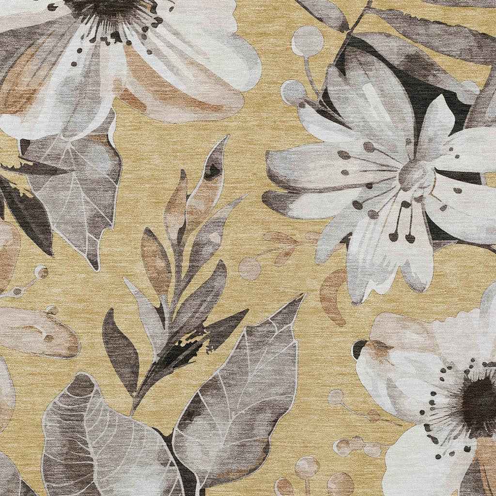 8' X 10' Gold Ivory And Charcoal Floral Washable Indoor Outdoor Area Rug