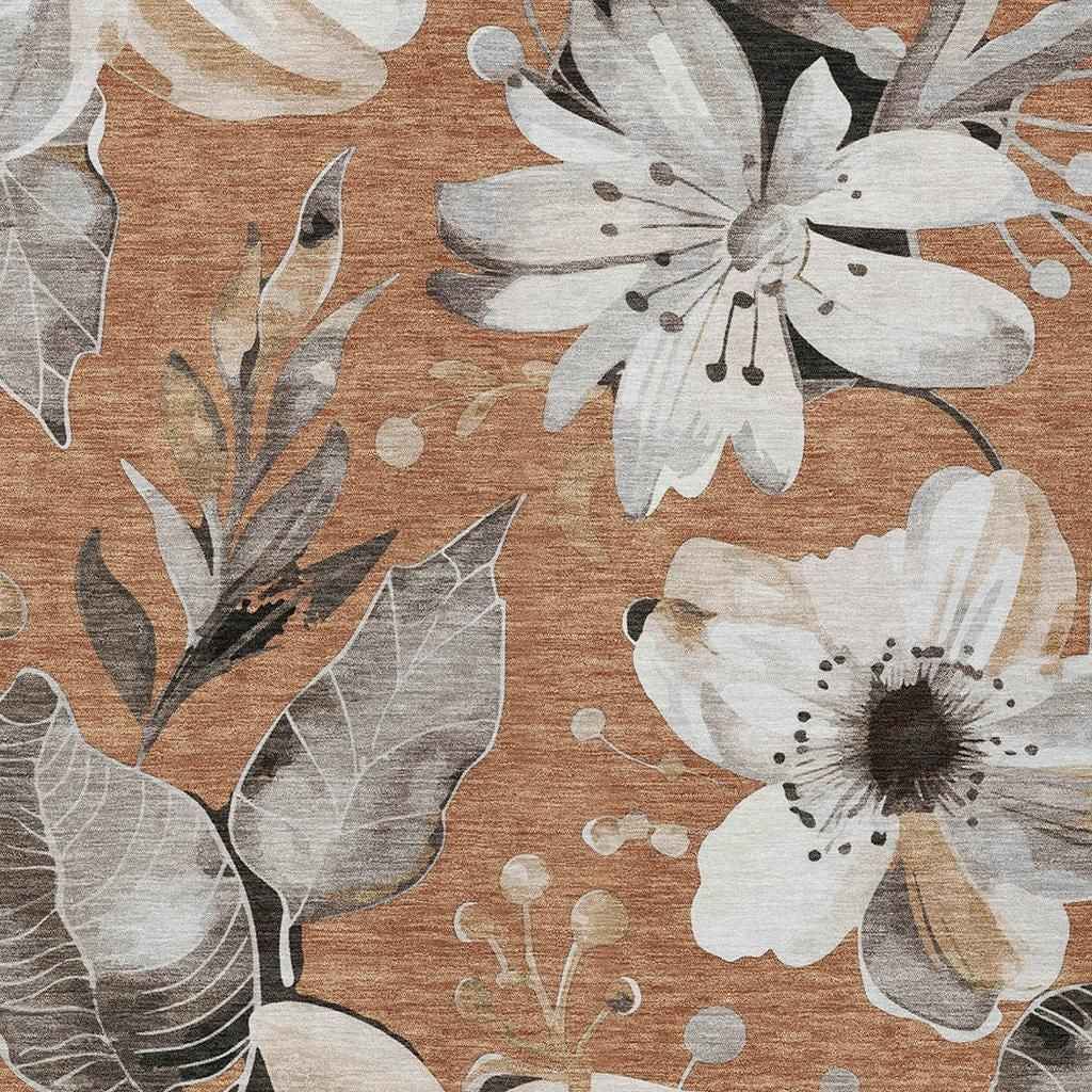 10' X 14' Copper Ivory And Charcoal Floral Washable Indoor Outdoor Area Rug