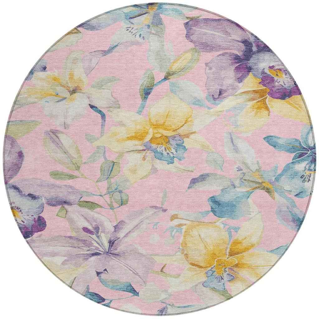 8' Pink Gold And Lavender Round Floral Washable Indoor Outdoor Area Rug