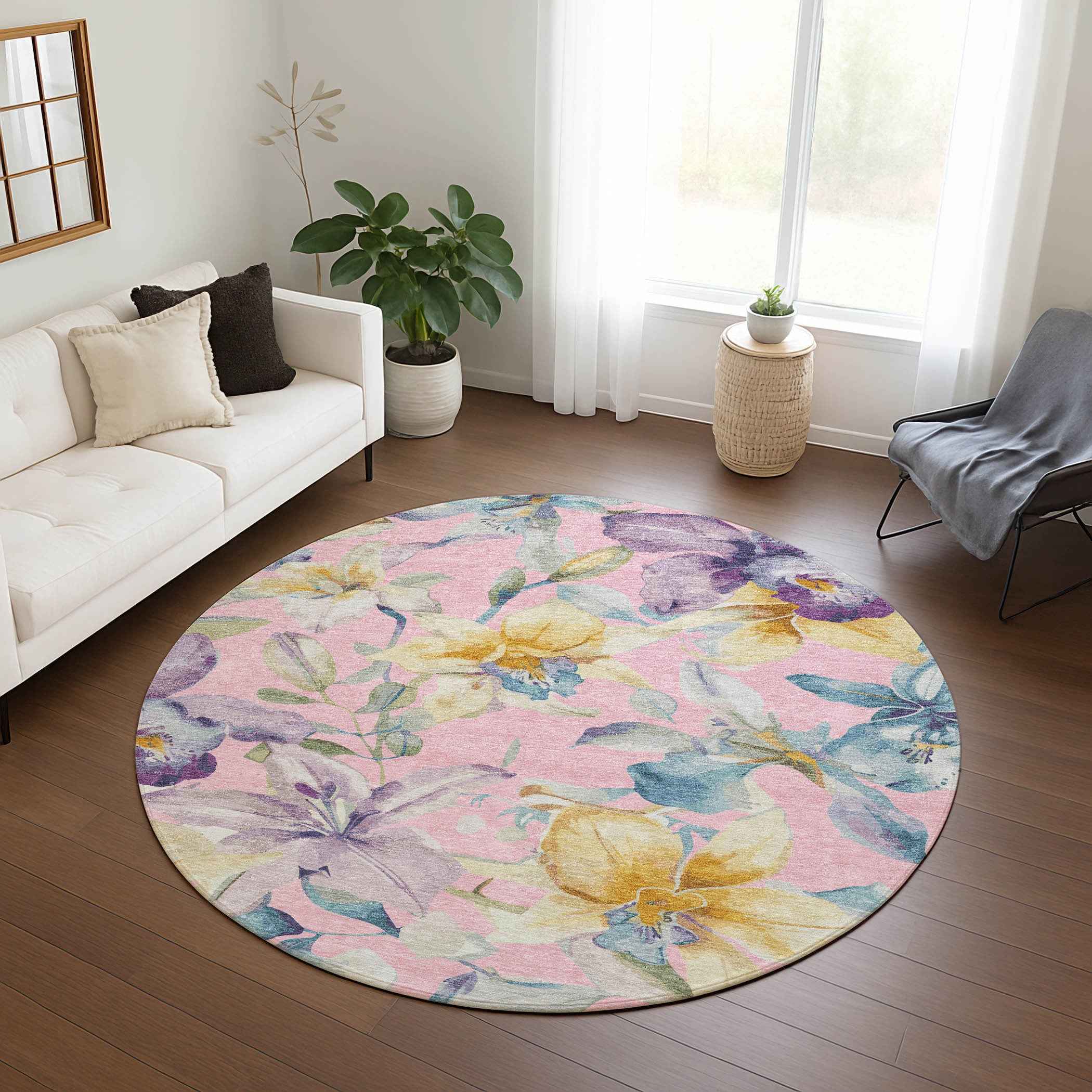 8' Pink Gold And Lavender Round Floral Washable Indoor Outdoor Area Rug
