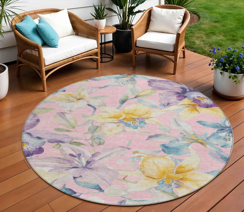 8' Pink Gold And Lavender Round Floral Washable Indoor Outdoor Area Rug