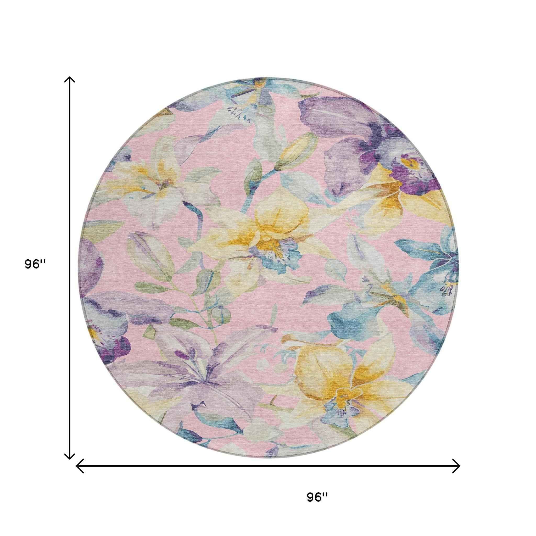 8' Pink Gold And Lavender Round Floral Washable Indoor Outdoor Area Rug