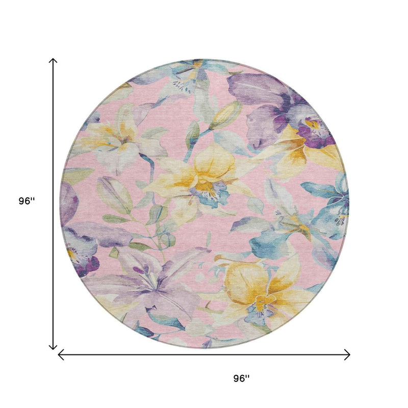 8' Pink Gold And Lavender Round Floral Washable Indoor Outdoor Area Rug