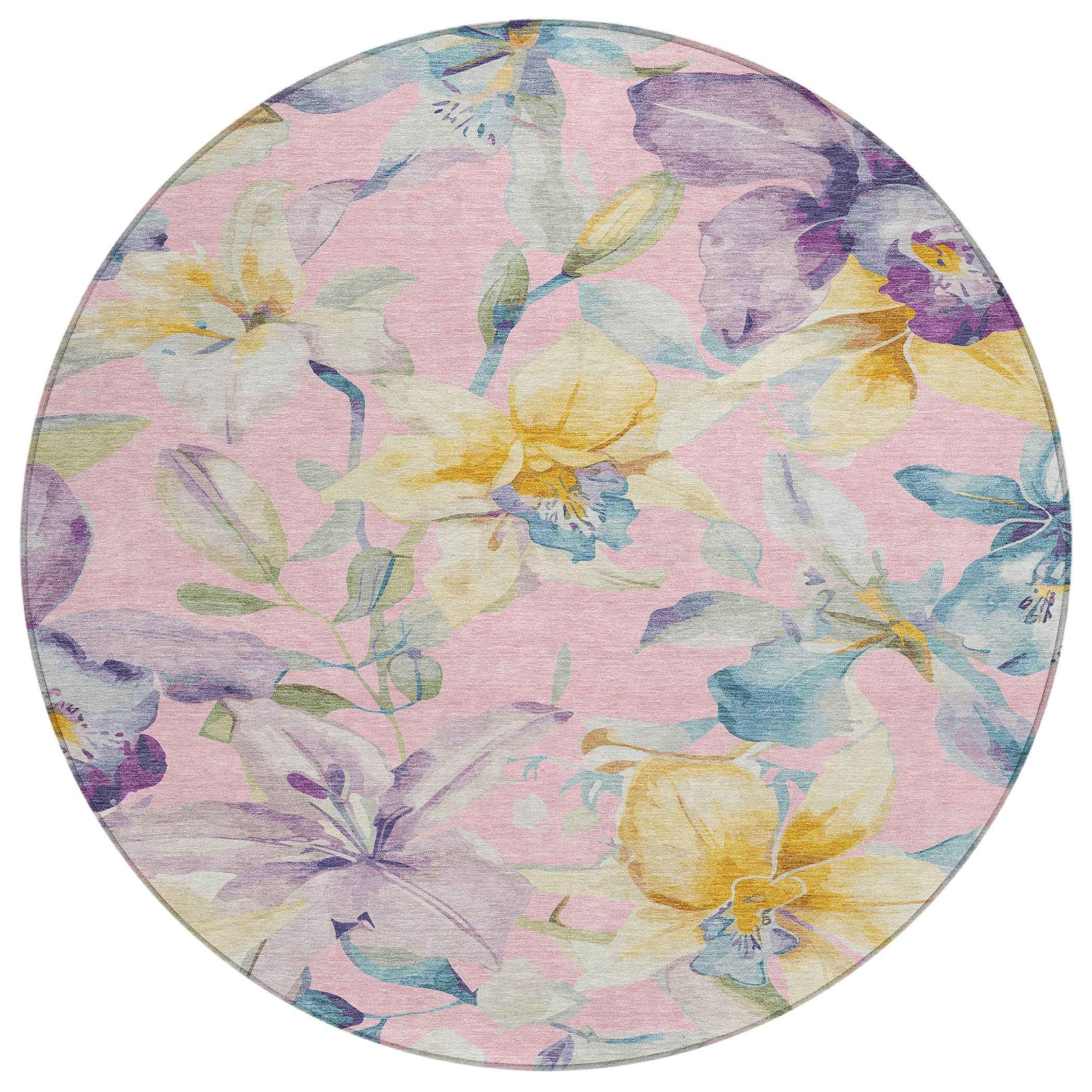 8' Pink Gold And Lavender Round Floral Washable Indoor Outdoor Area Rug