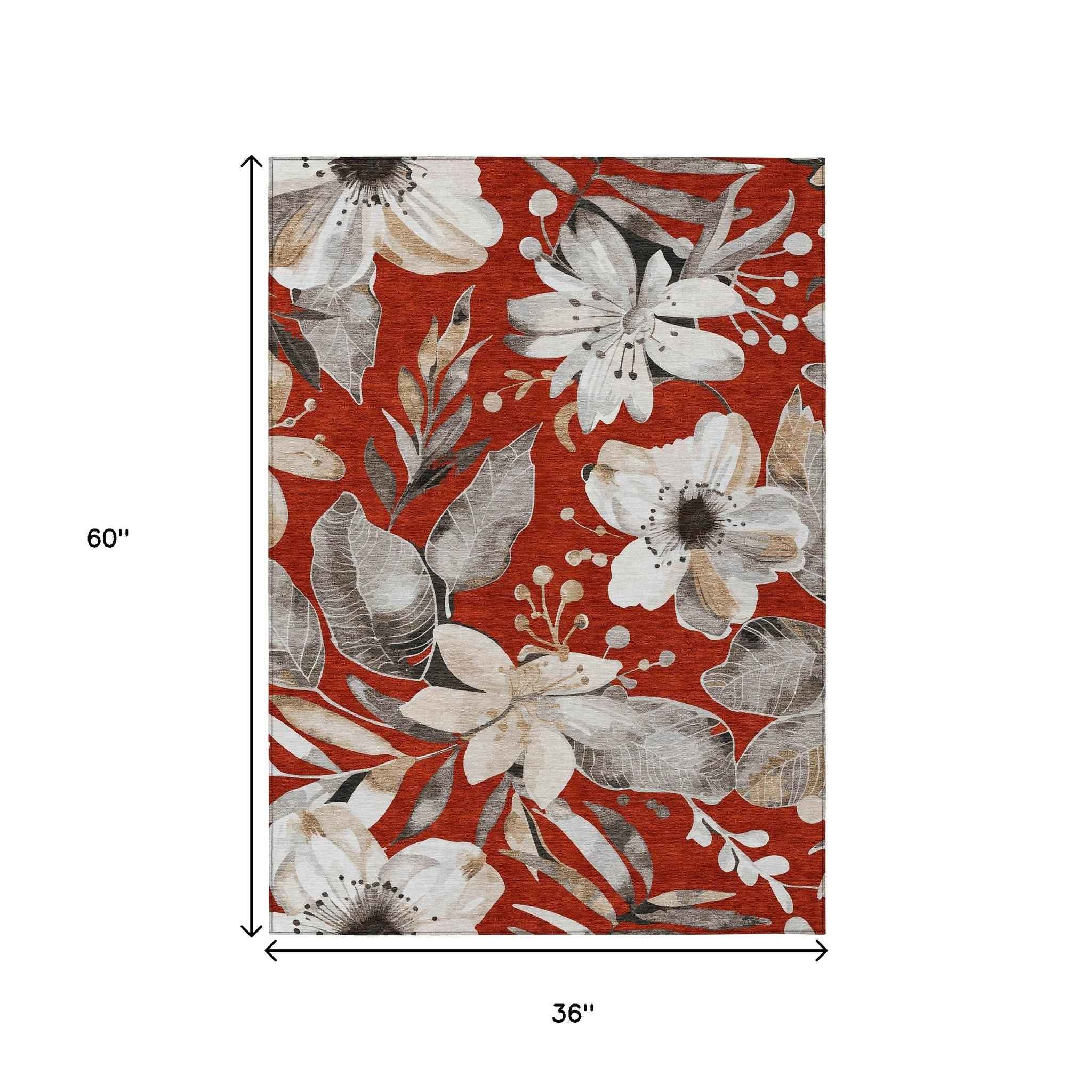 3' X 5' Red Ivory And Charcoal Floral Washable Indoor Outdoor Area Rug