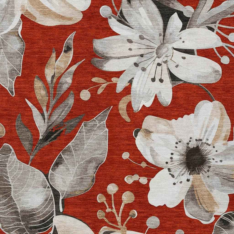 3' X 5' Red Ivory And Charcoal Floral Washable Indoor Outdoor Area Rug