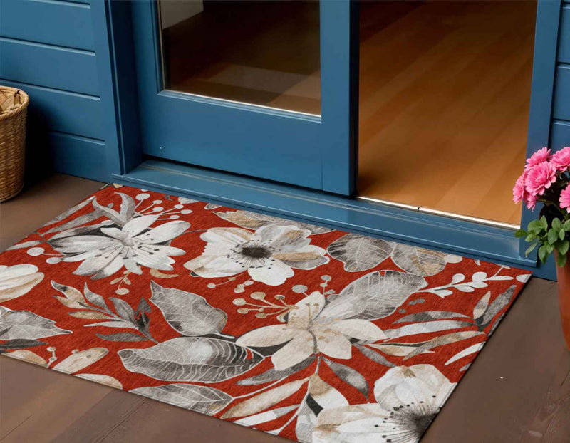 3' X 5' Red Ivory And Charcoal Floral Washable Indoor Outdoor Area Rug