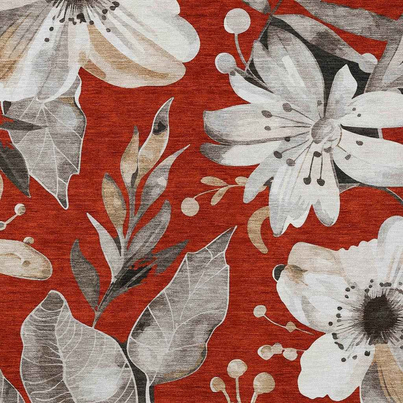 3' X 5' Red Ivory And Charcoal Floral Washable Indoor Outdoor Area Rug