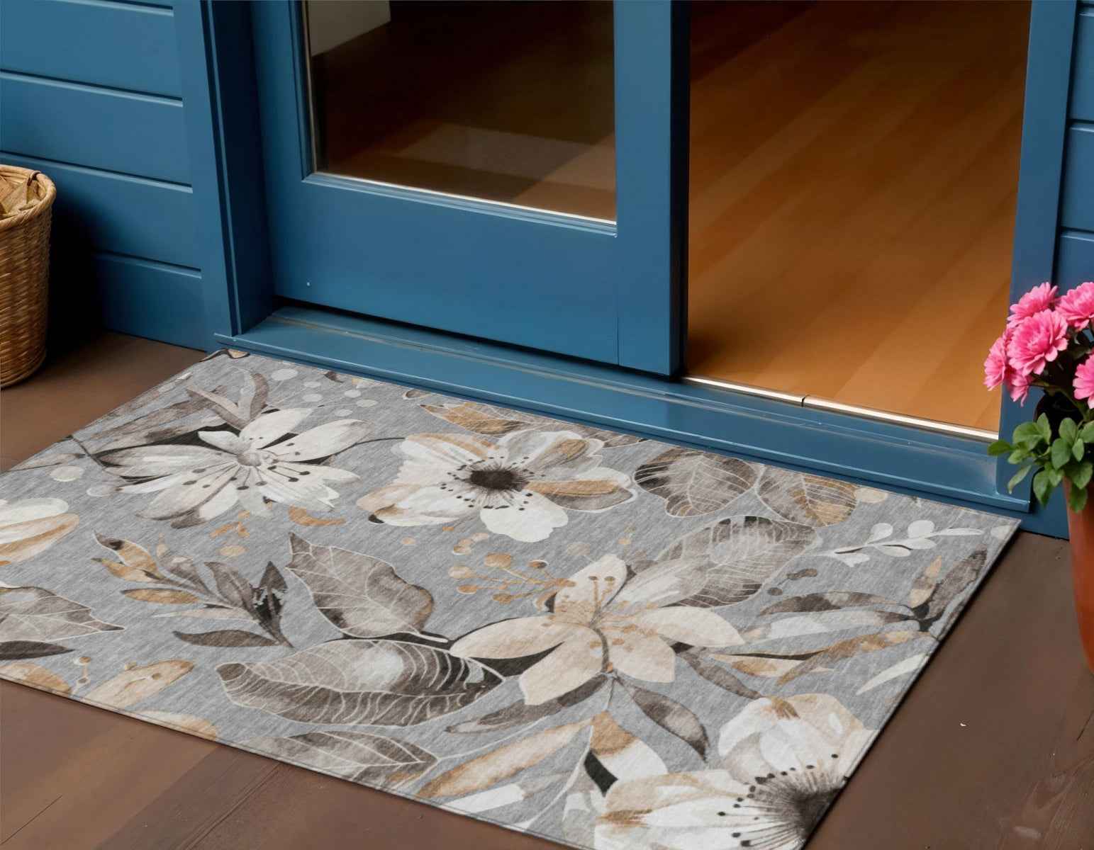 3' X 5' Gray Ivory And Charcoal Floral Washable Indoor Outdoor Area Rug