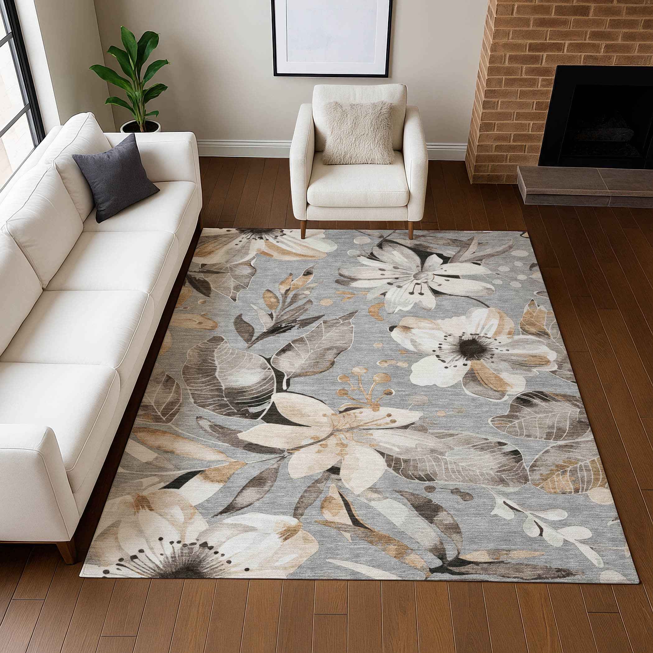 3' X 5' Gray Ivory And Charcoal Floral Washable Indoor Outdoor Area Rug