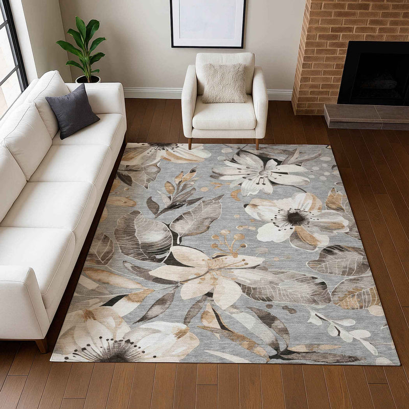 3' X 5' Gray Ivory And Charcoal Floral Washable Indoor Outdoor Area Rug