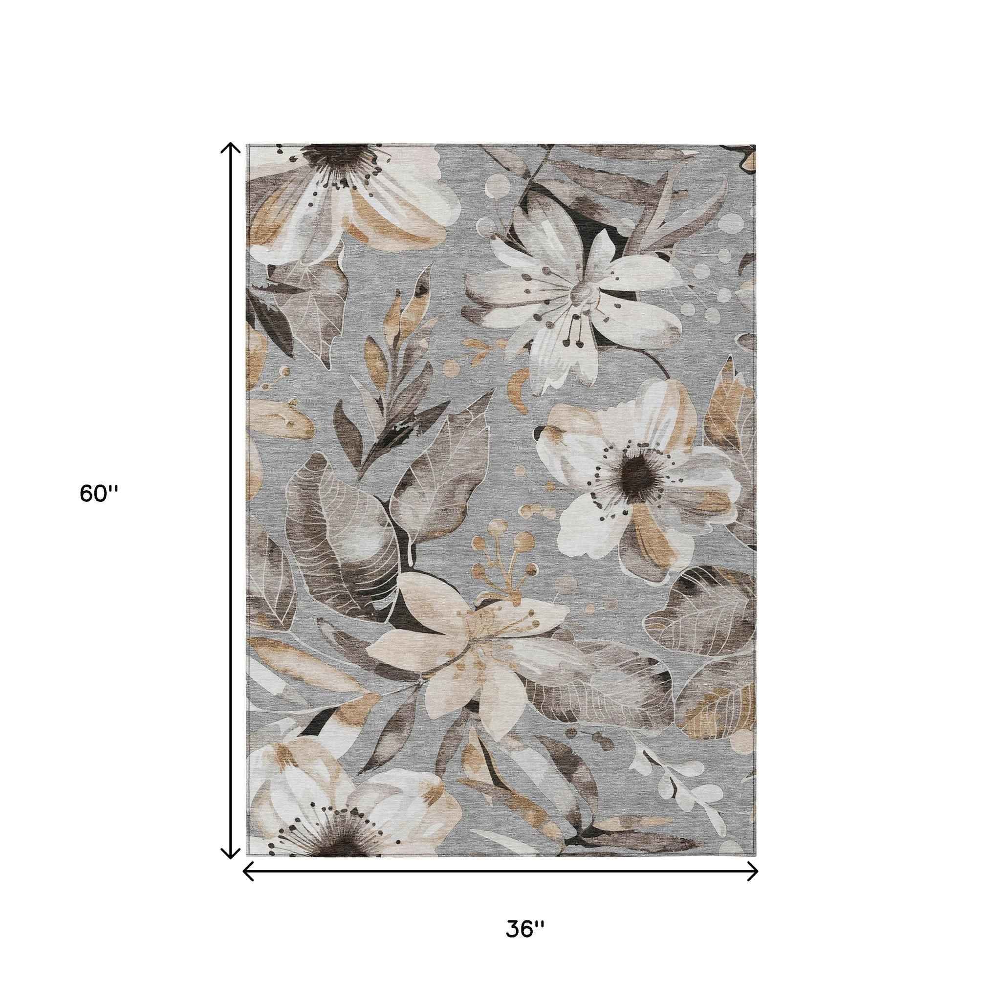 3' X 5' Gray Ivory And Charcoal Floral Washable Indoor Outdoor Area Rug