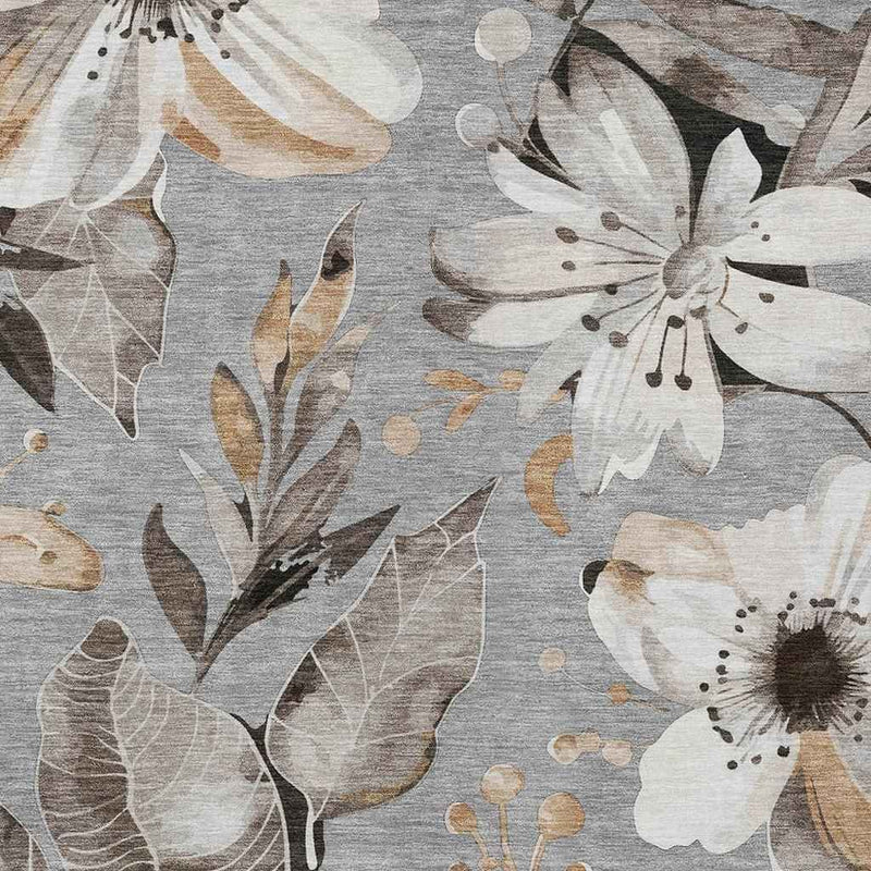 3' X 5' Gray Ivory And Charcoal Floral Washable Indoor Outdoor Area Rug